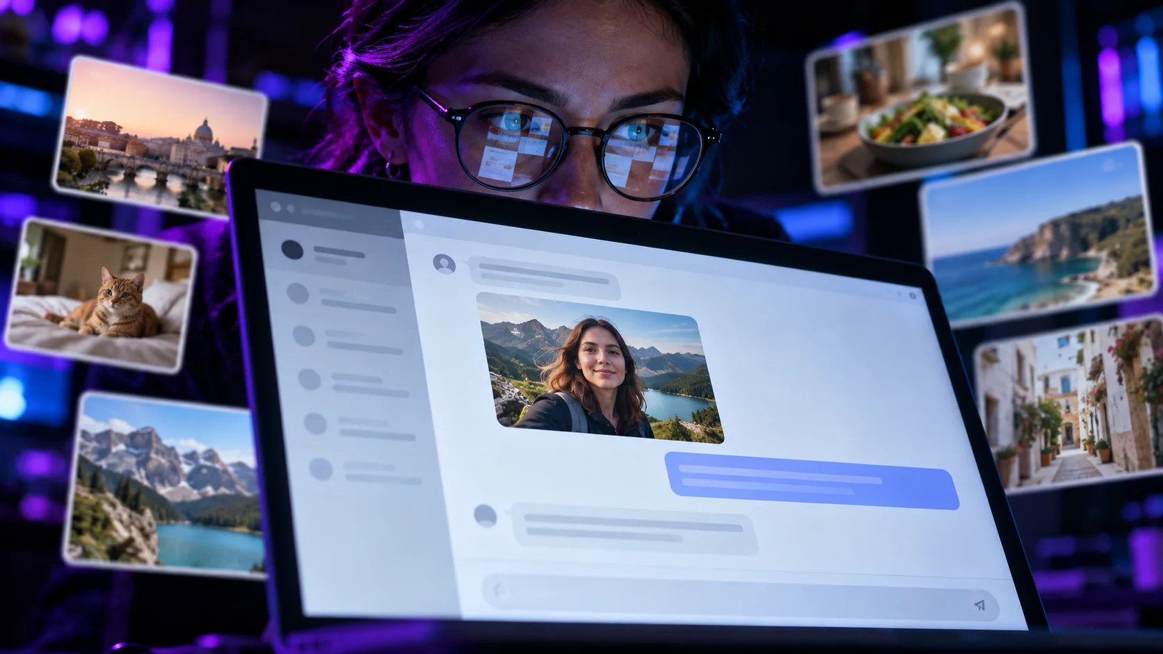Une contrôleuse observe derrière un écran une conversation avec un assistant IA et plusieurs photographies ordinaires envoyées par des utilisateurs.