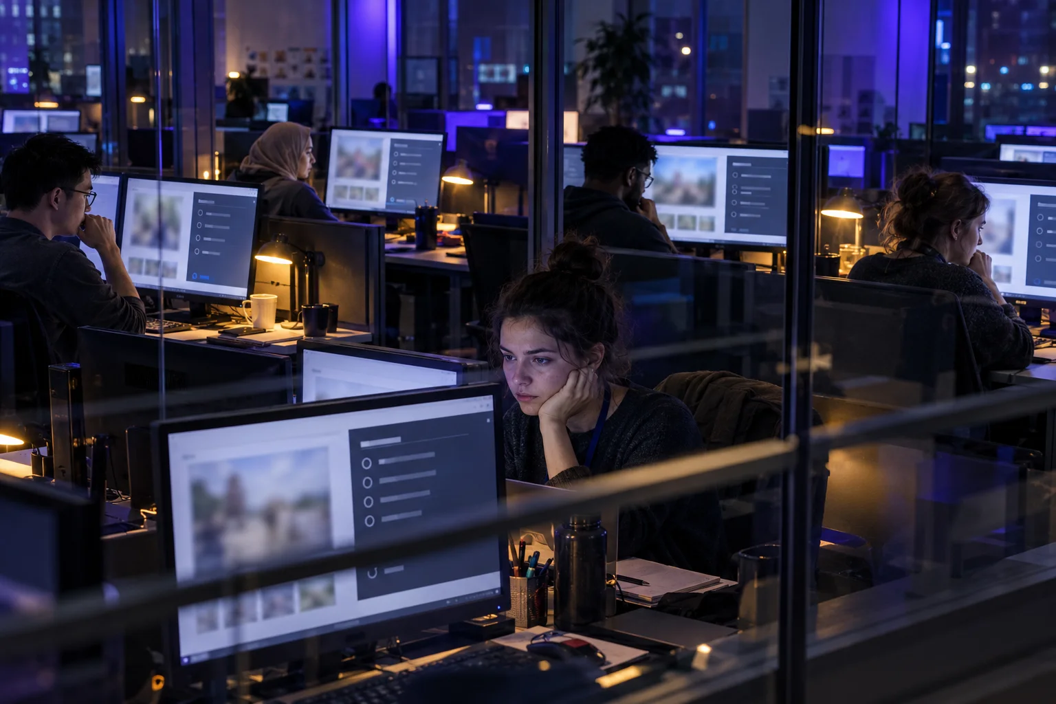 Dans un bureau nocturne cloisonné par du verre, plusieurs évaluateurs humains examinent des tâches d’IA sur des écrans où les images restent volontairement floues.