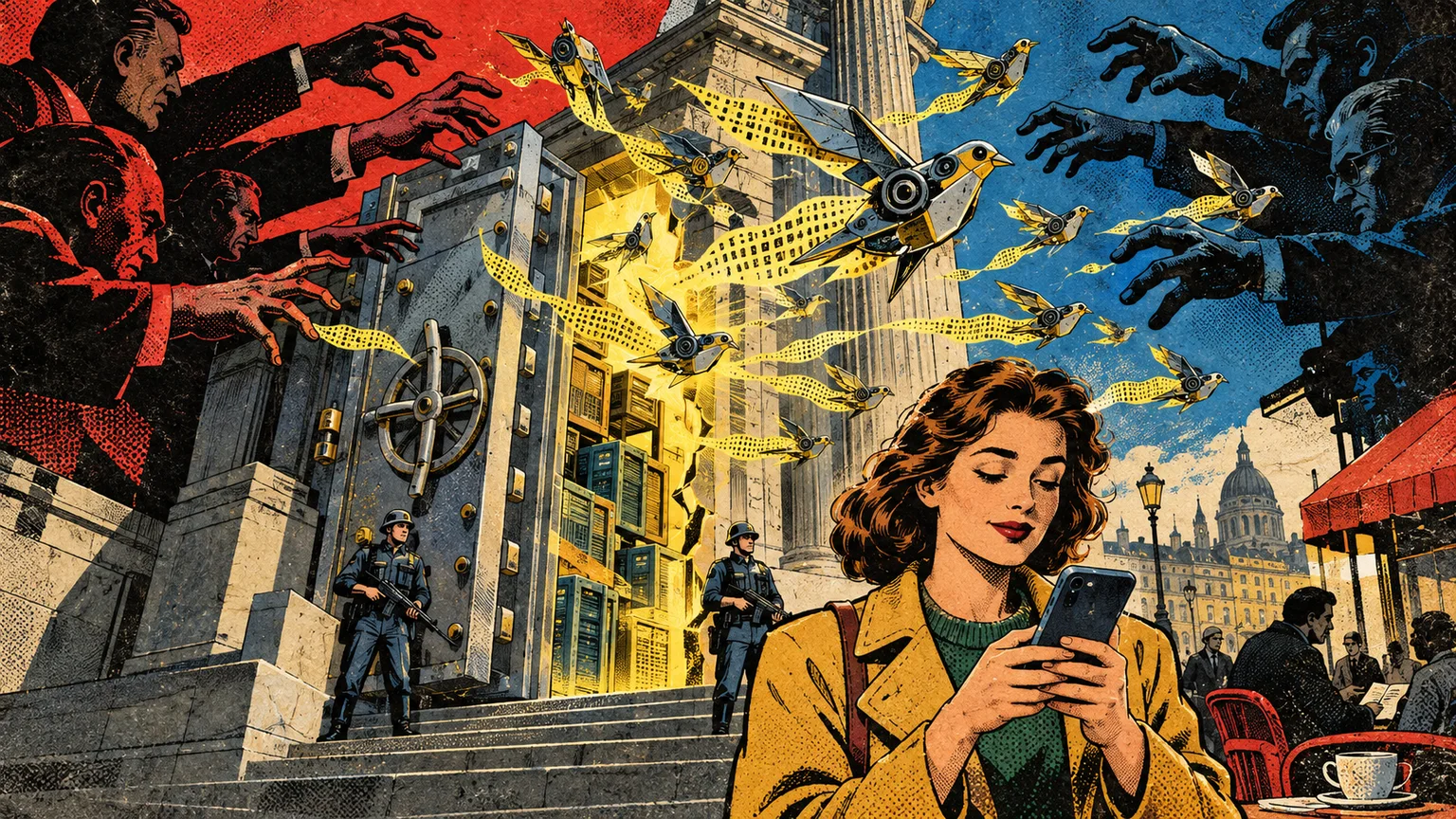 A cyberweapon escapes a protected arsenal as mechanical birds while an unsuspecting user looks at her phone.