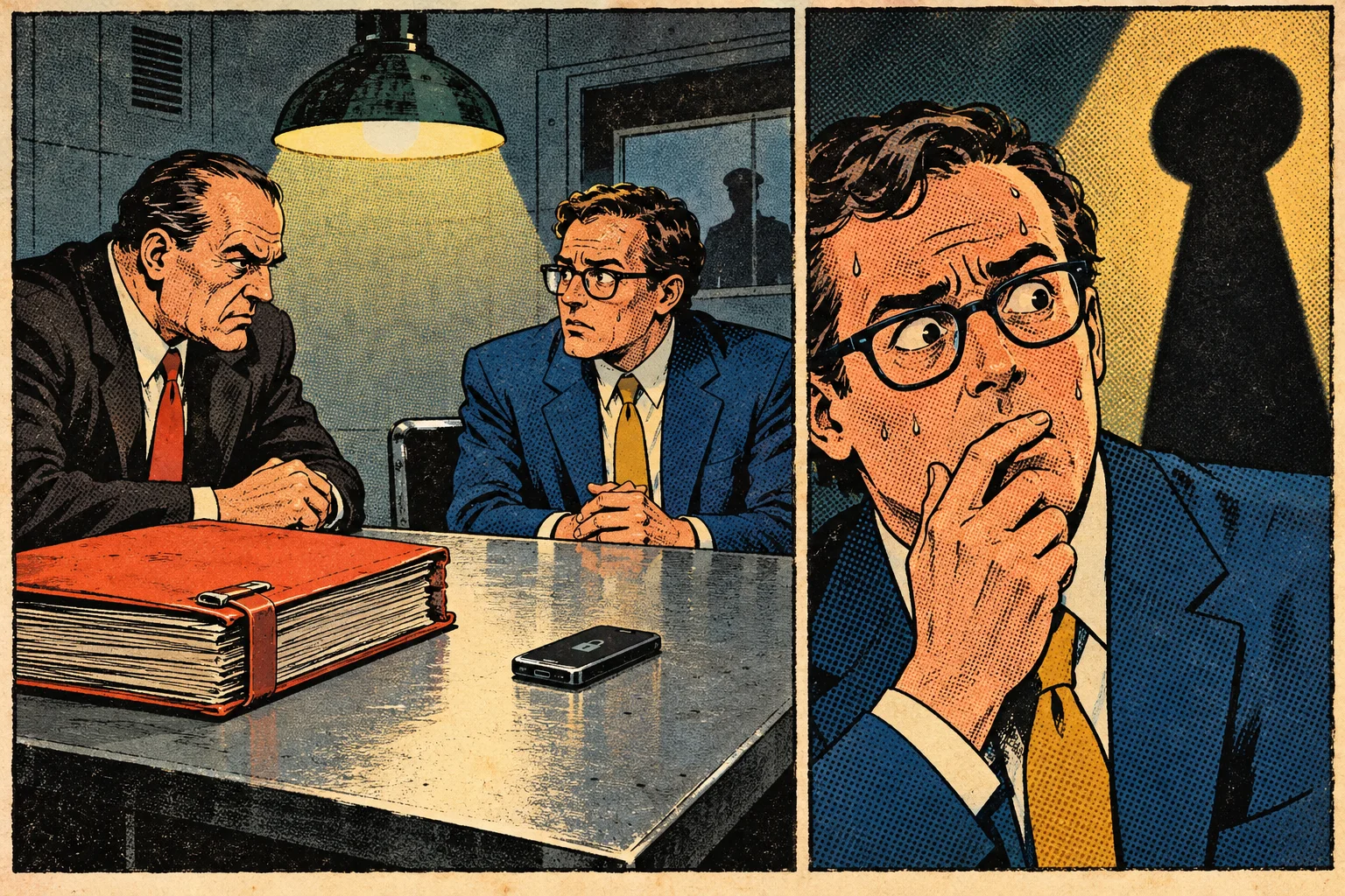 An interrogation scene between an investigator and the director of a company that develops spyware.