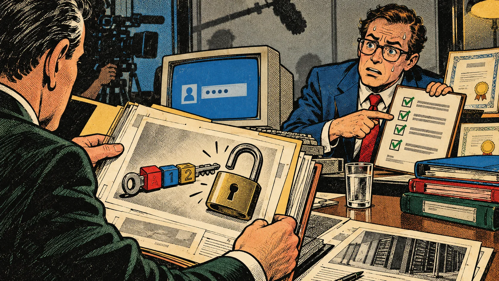 The investigator presents evidence of a ridiculously weak password while the reconstruction camera remains visible.