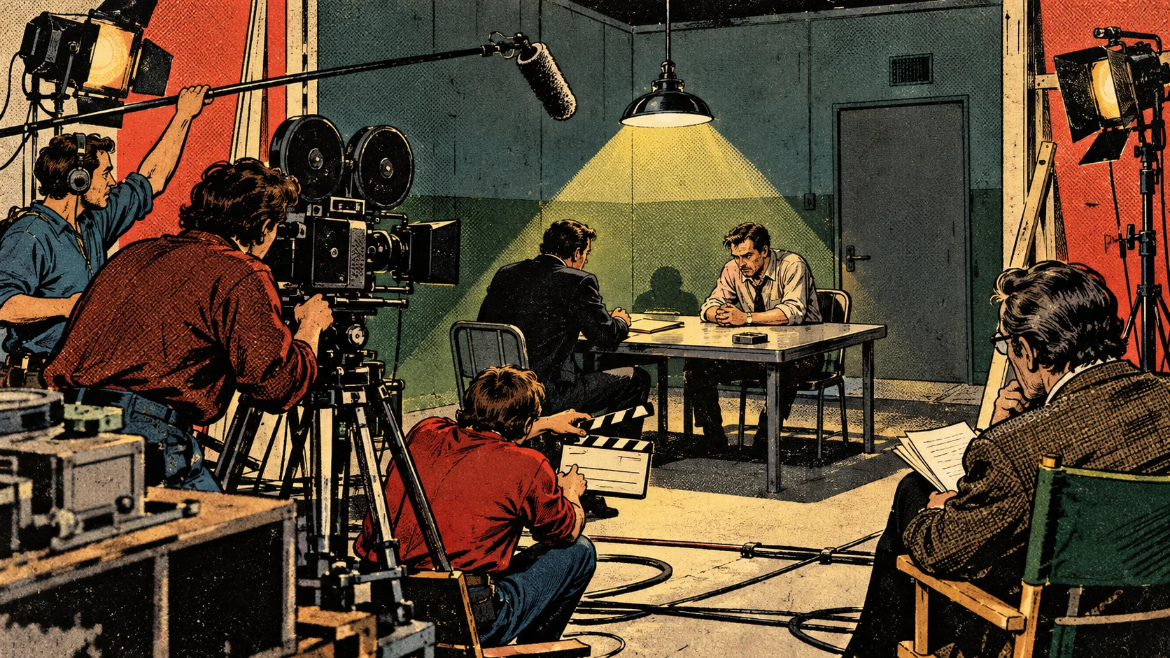 A film crew stages an interrogation played by two actors under the spotlight.