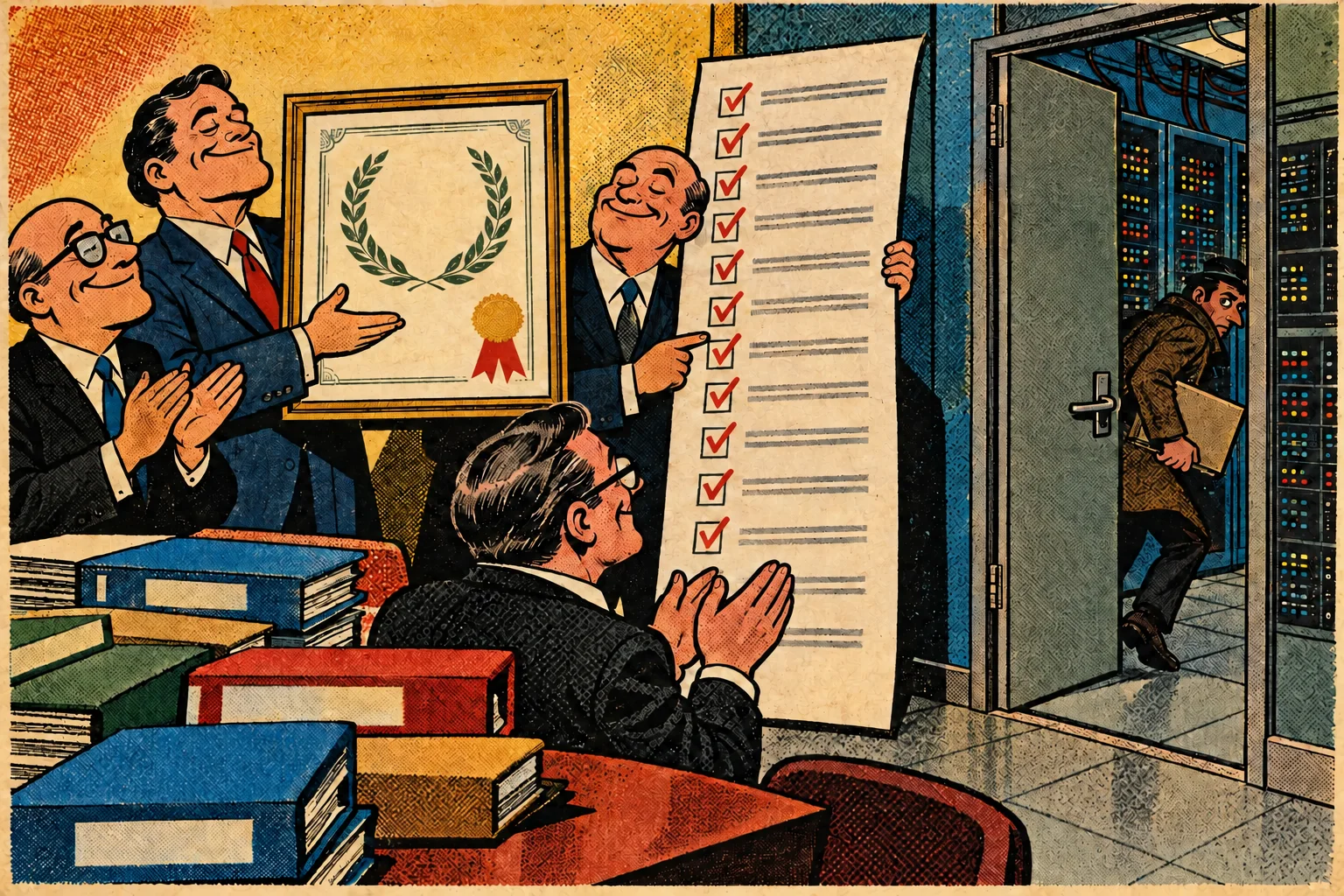 Managers celebrate their settlements and certificates while an intruder slips into the server room.