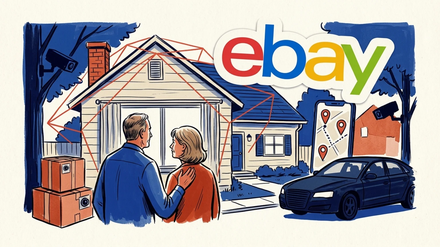 Illustration éditoriale montrant un couple devant sa maison, entouré de colis, de caméras et de traces de géolocalisation sous le logo eBay