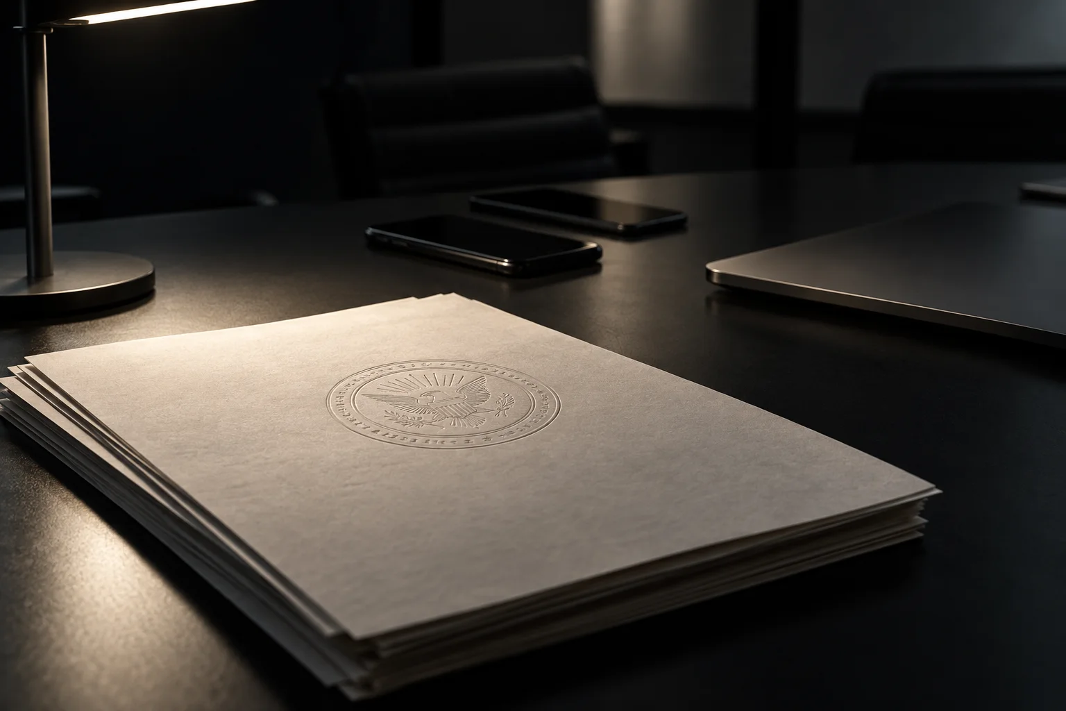 Sur une table noire, des dossiers officiels, deux téléphones et un ordinateur forment le paysage matériel d’une enquête sur l’intelligence artificielle.
