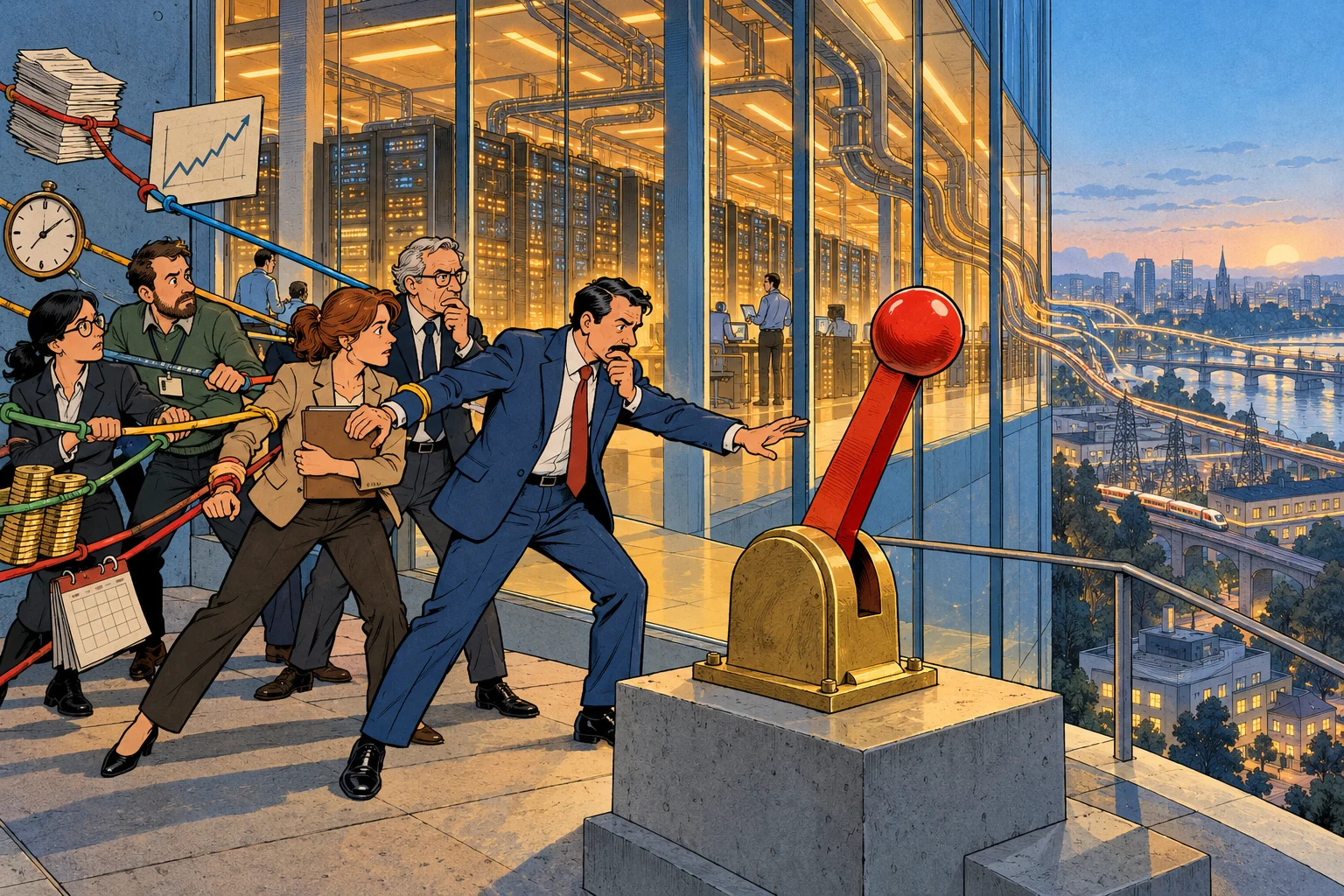 Vor einem Schalter außerhalb des Rechenzentrums zögern Menschen, während Verträge, Fristen und finanzielle Interessen sie zurückhalten.