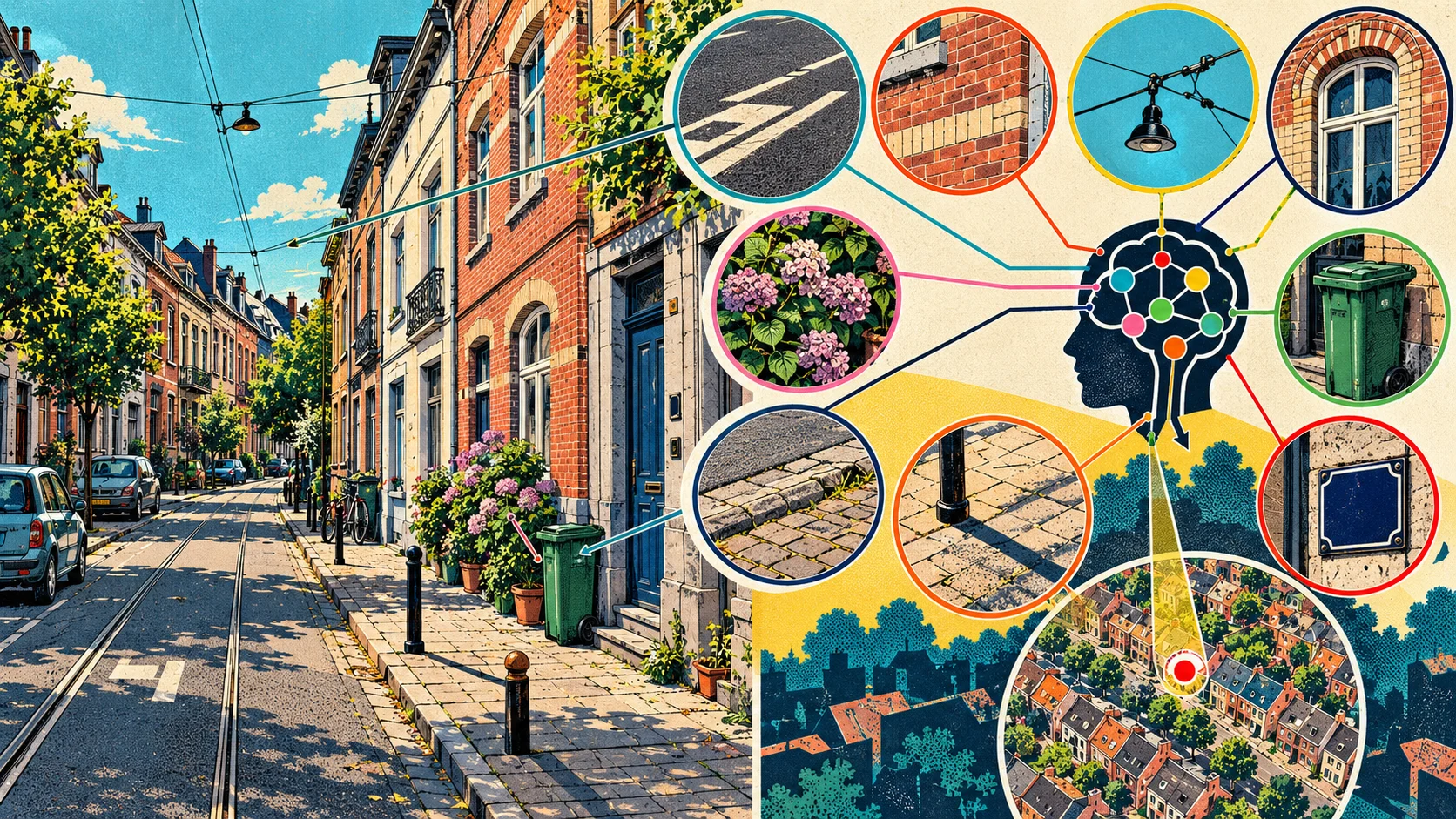 Une rue européenne ordinaire est analysée à partir de sa maçonnerie, de sa végétation, de ses câbles, de son mobilier urbain et de sa lumière.