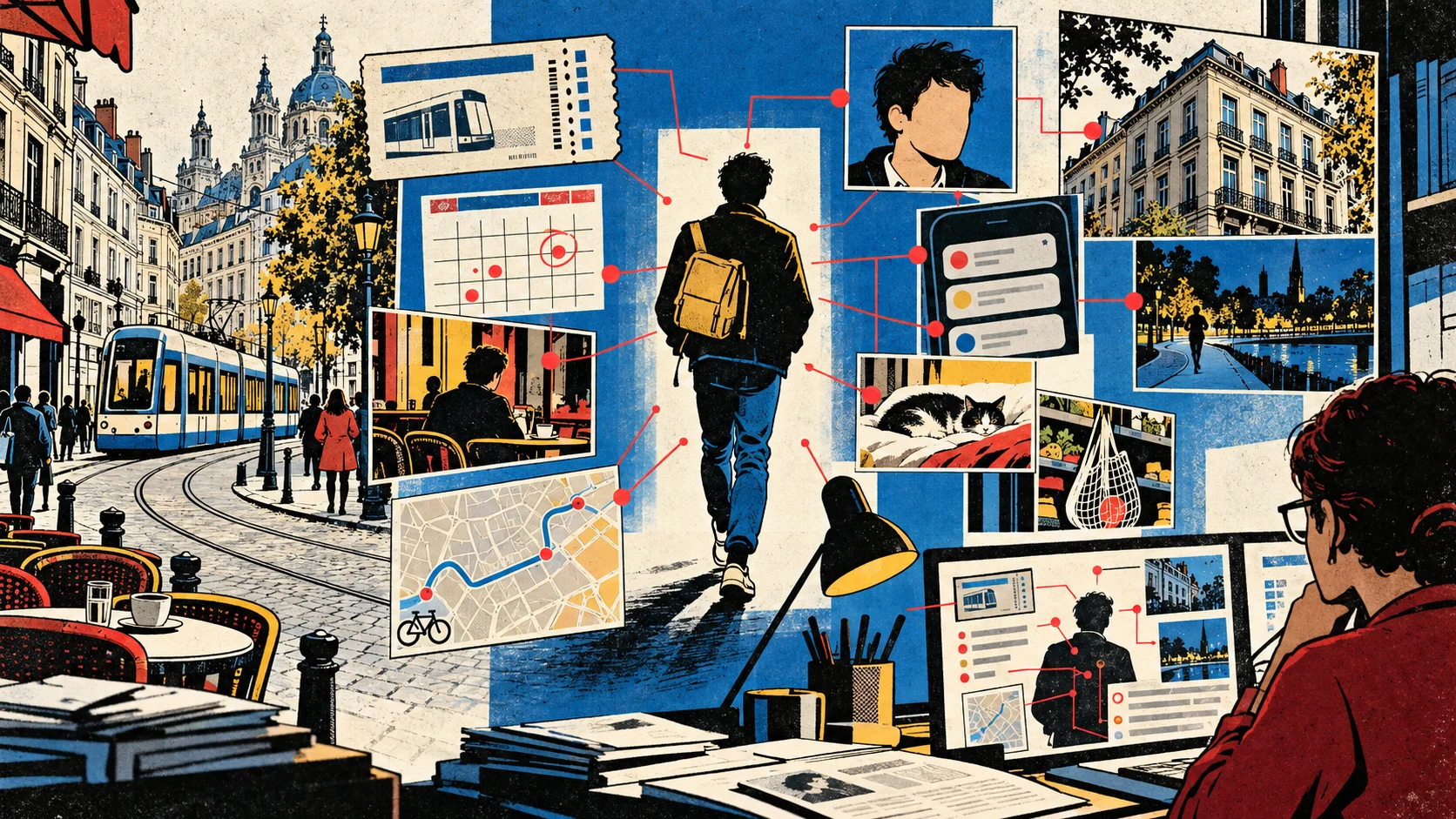 Une illustration de presse relie les détails ordinaires d’une vie urbaine pour composer le profil numérique d’une personne.