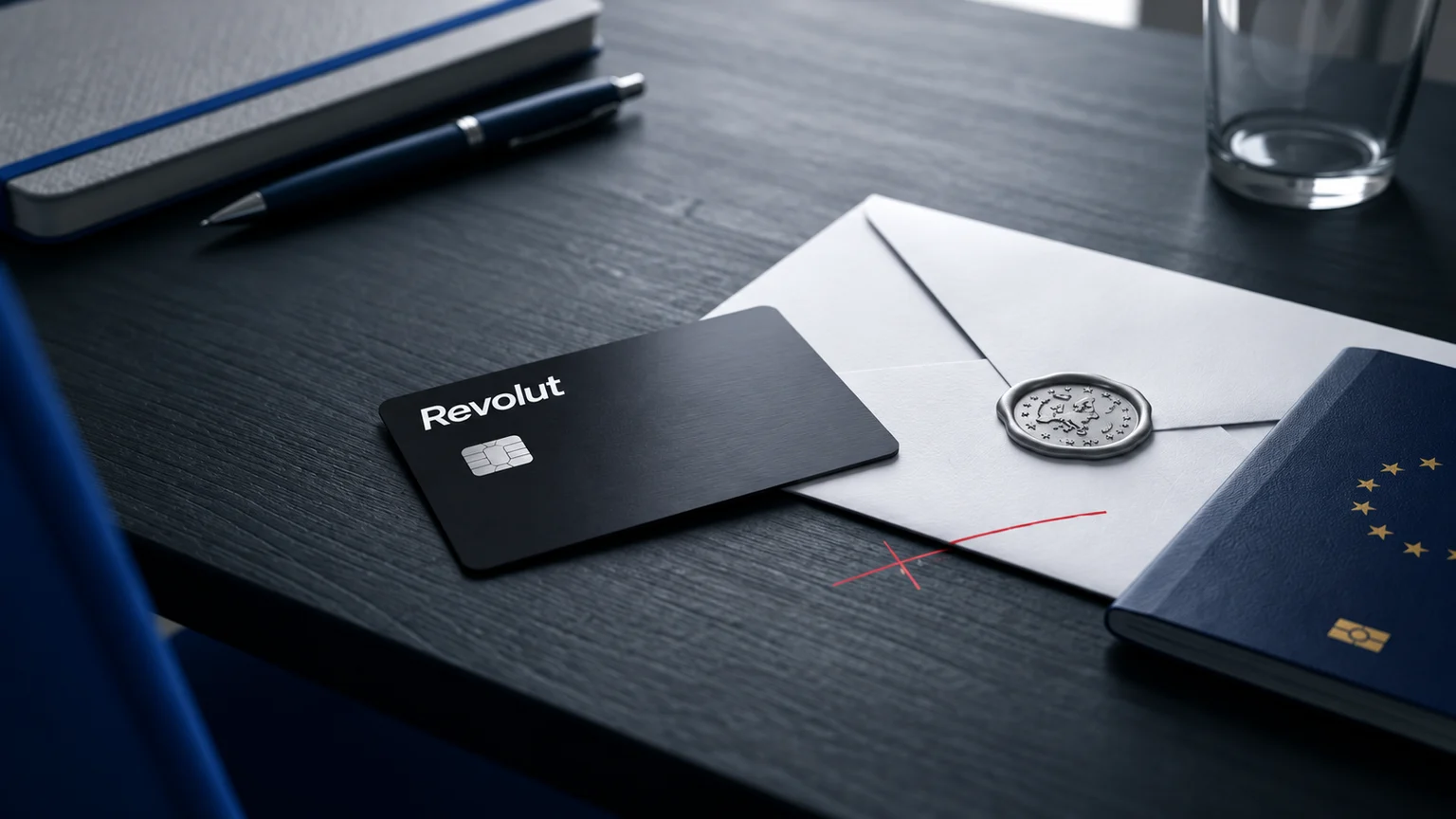 Une carte Revolut noire devant une enveloppe officielle scellée et un passeport européen sur un bureau sombre